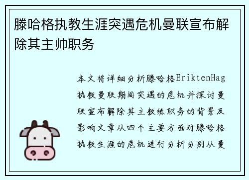 滕哈格执教生涯突遇危机曼联宣布解除其主帅职务 滕哈格执教生涯突遇危机曼联宣布解除其主帅职务